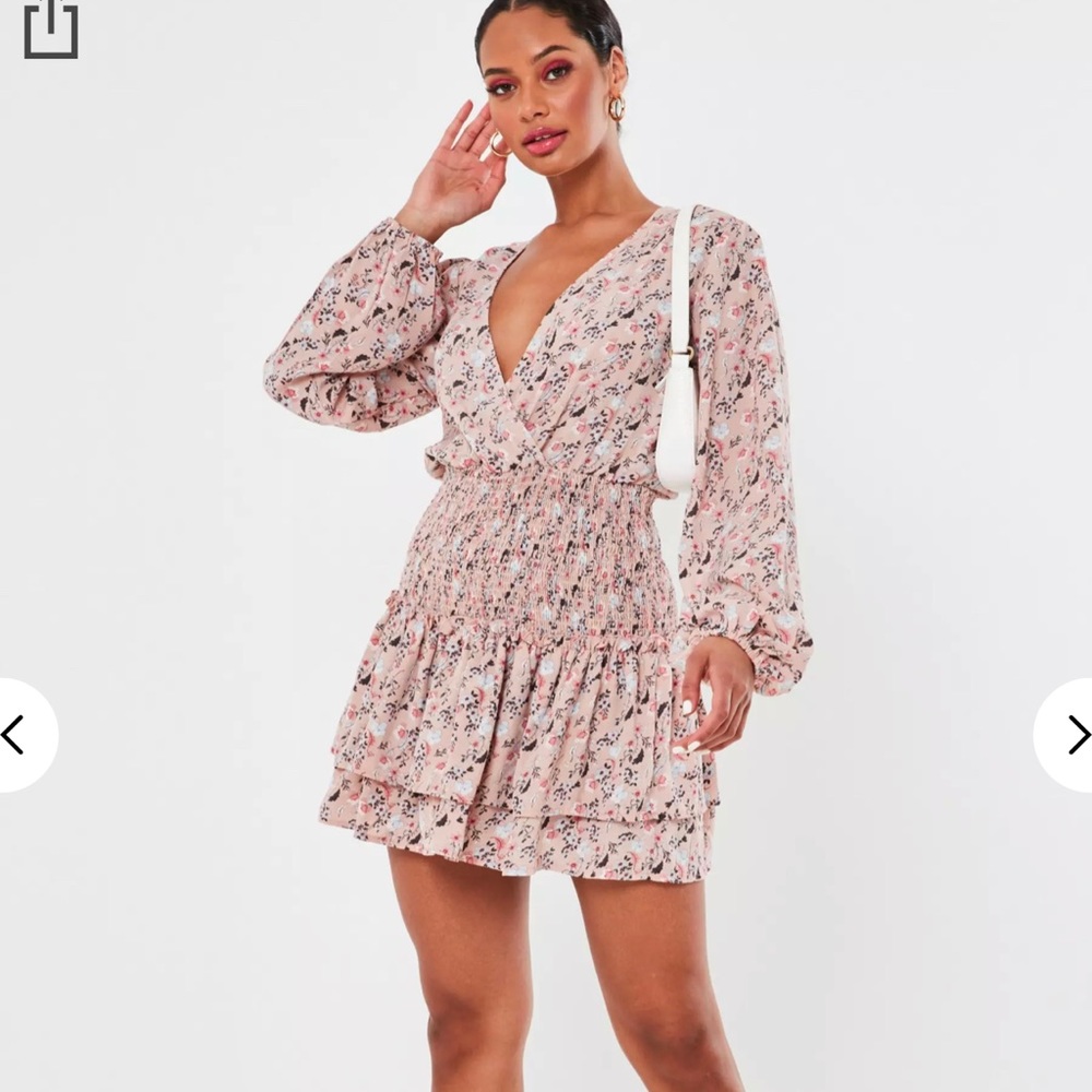 pink floral print shirred waist mini dress